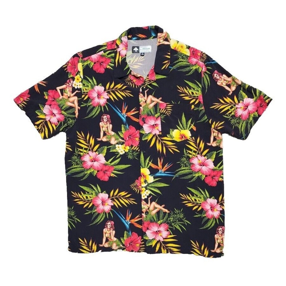 LRG Hawaiian Shirt Stranger Days Skull Queen Floral Beach‎ Camp Shirt Mens M